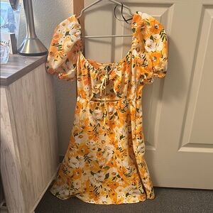 Floral Puff Sleeve Dress in Orange and White